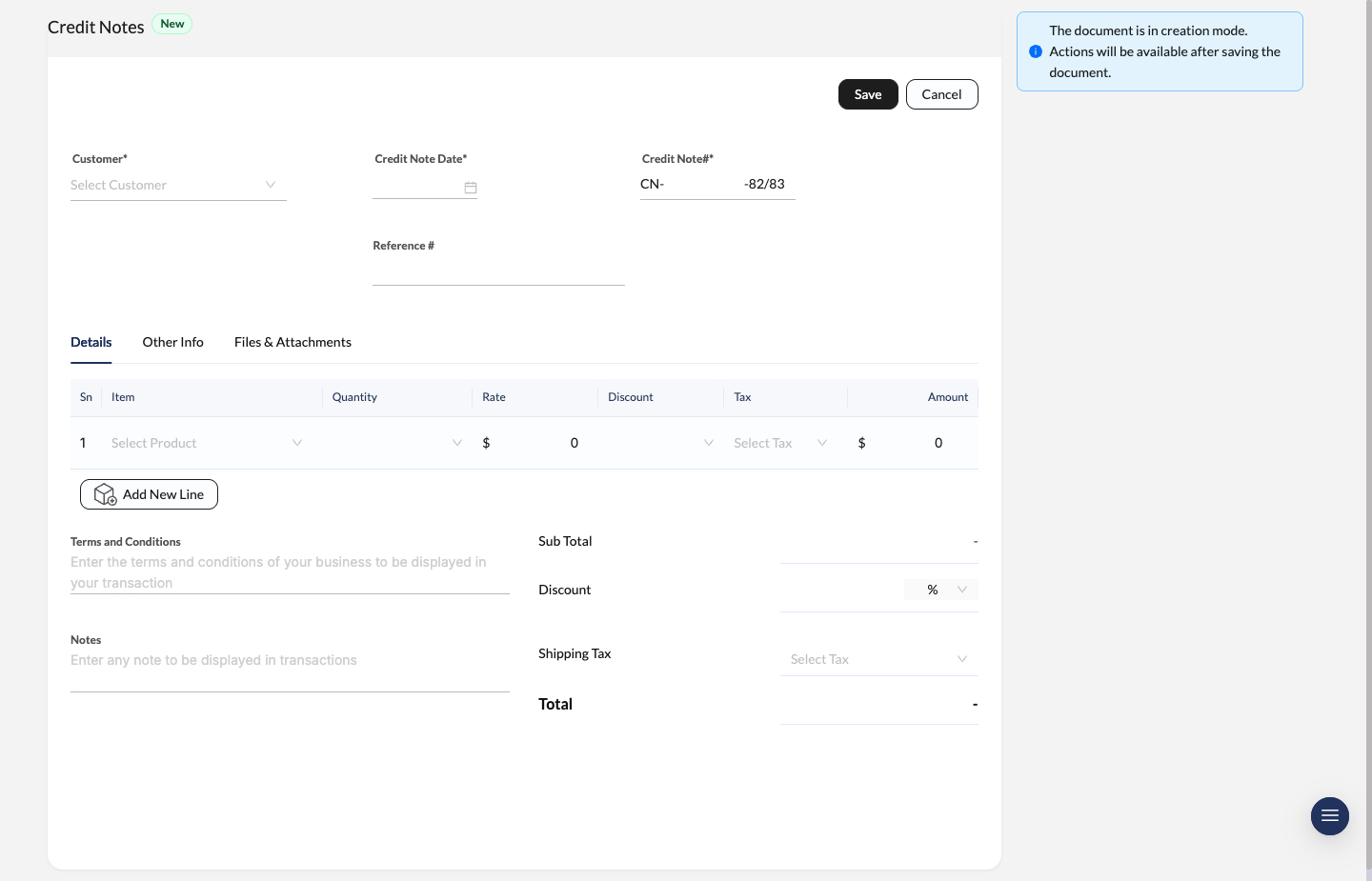 Credit Note create form