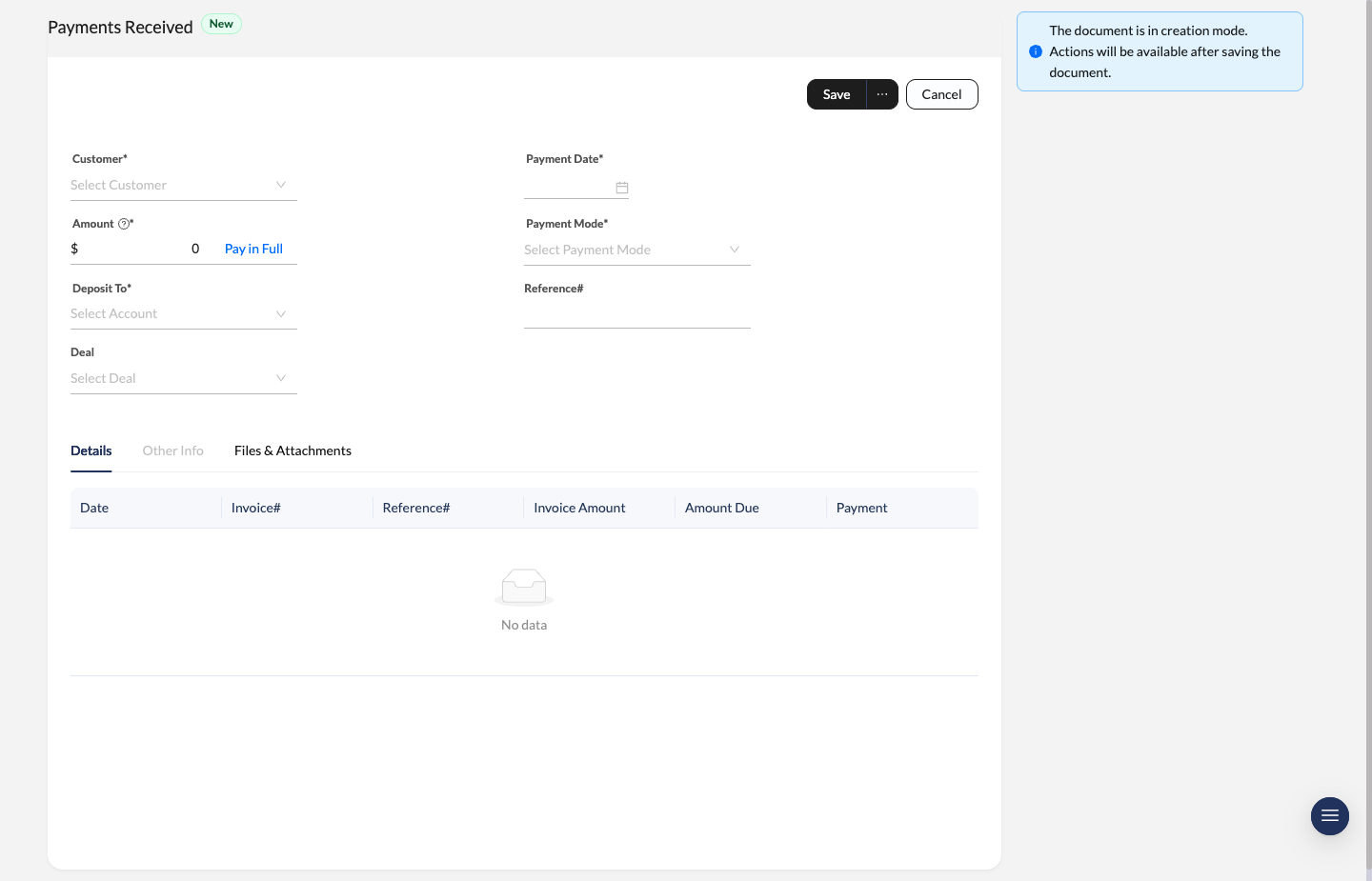 Payment Received create form