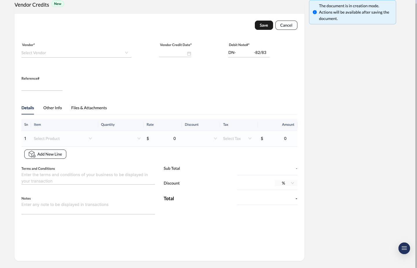 Vendor Credit create form