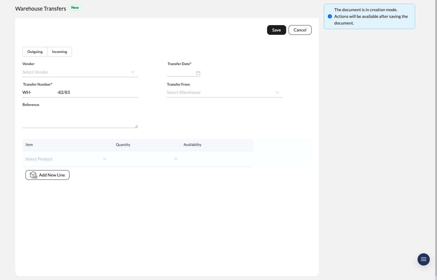 Warehouse Transfer create form